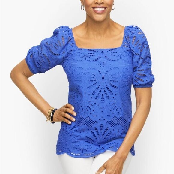 Talbots Top Women’s 0 Blue Eyelet Square Neck Short Balloon Sleeve Blouse NWT - Picture 1 of 6